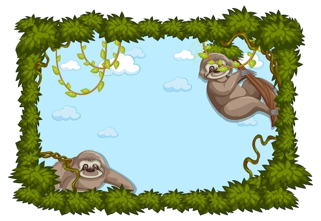 Empty banner with leaves frame and sloth cartoon character