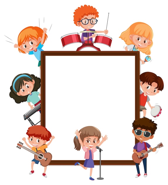 Vector empty banner with many kids doing different activities