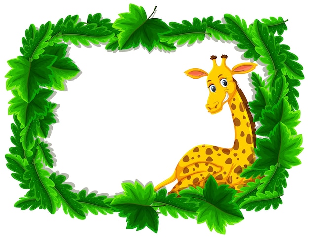 Empty banner with tropical leaves frame and giraffe cartoon character