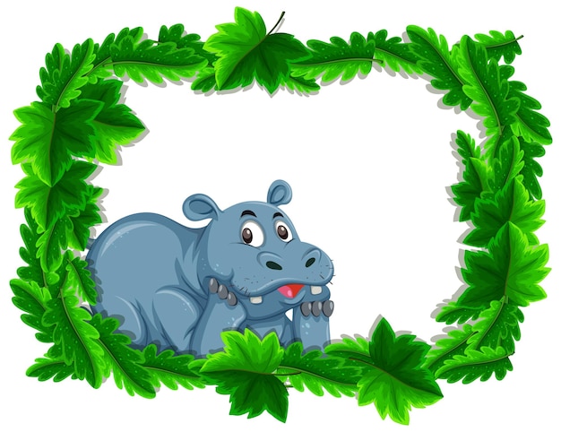 Empty banner with tropical leaves frame and hippopotamus cartoon character