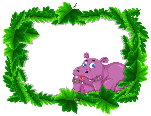 Empty banner with tropical leaves frame and hippopotamus cartoon character