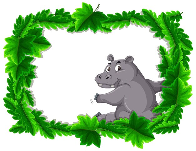 Banner vuoto con cornice di foglie tropicali e personaggio dei cartoni animati di ippopotamo