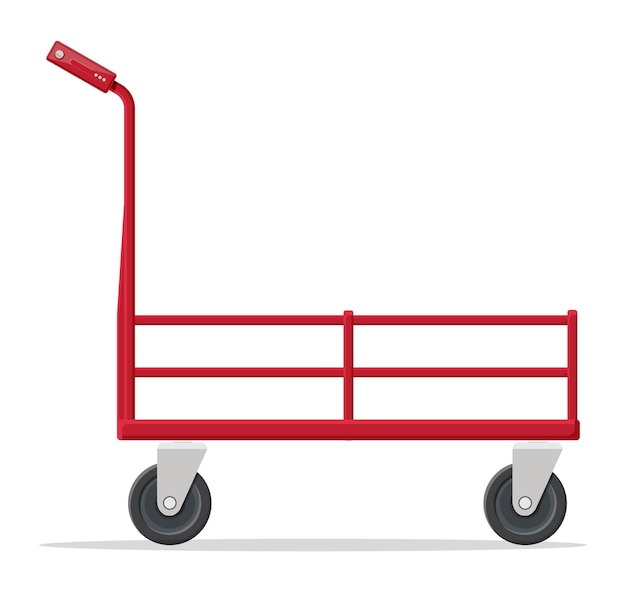 Vector empty barrow isolated on white. metallic four wheeled trolley. hand truck dolly icon. transportation of goods, warehouse equipment. cartoon flat vector illustration