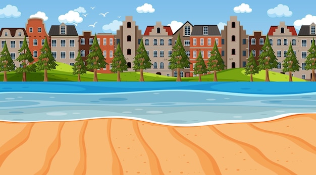 Empty beach scene with many buildings background