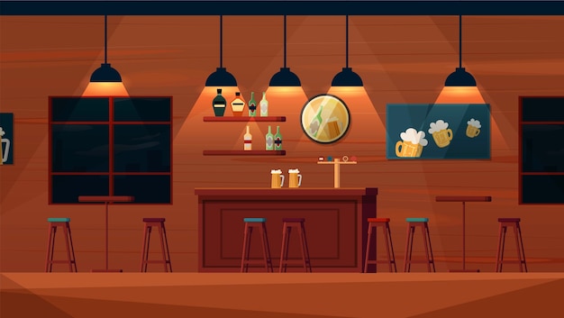 Empty beer bar cartoon vector interior. bar counter, shelves with alcohol bottles, tables and chairs, posters on the wall.