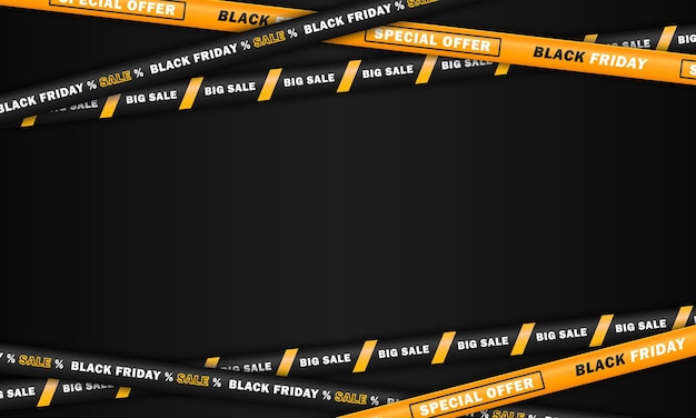 Пустой черный баннер с желтыми скрещенными баррикадными лентами с текстом специального предложения распродажи в Черную пятницу