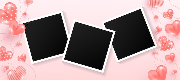 Empty black photo frames set with sweet hearts shape