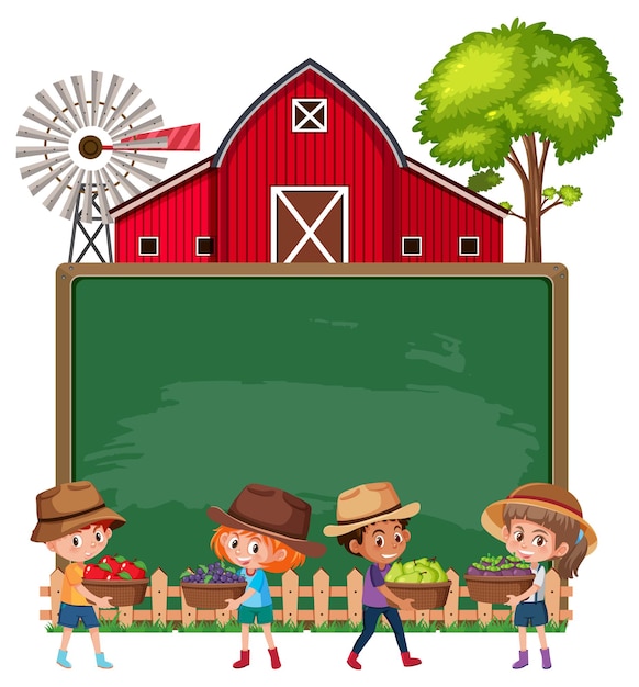 Empty blackboard with farmer kids and barn