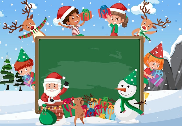 Empty blackboard with kids in christmas theme