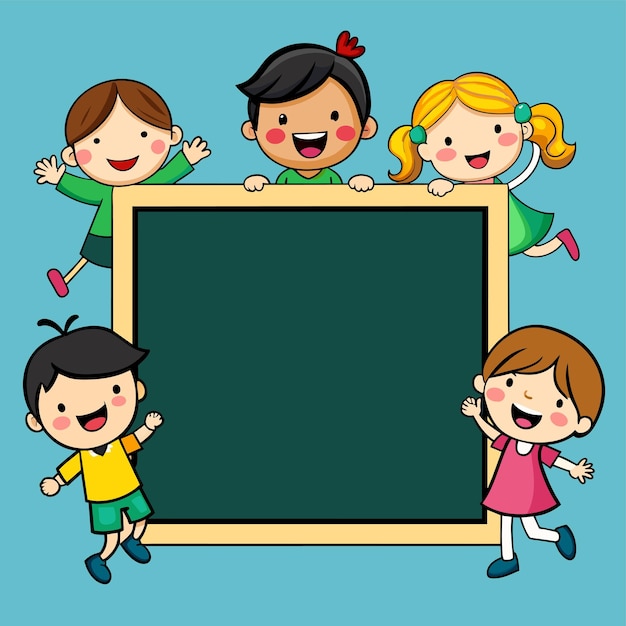 Empty blackboard with many kids doodle hand drawn mascot cartoon character sticker icon concept