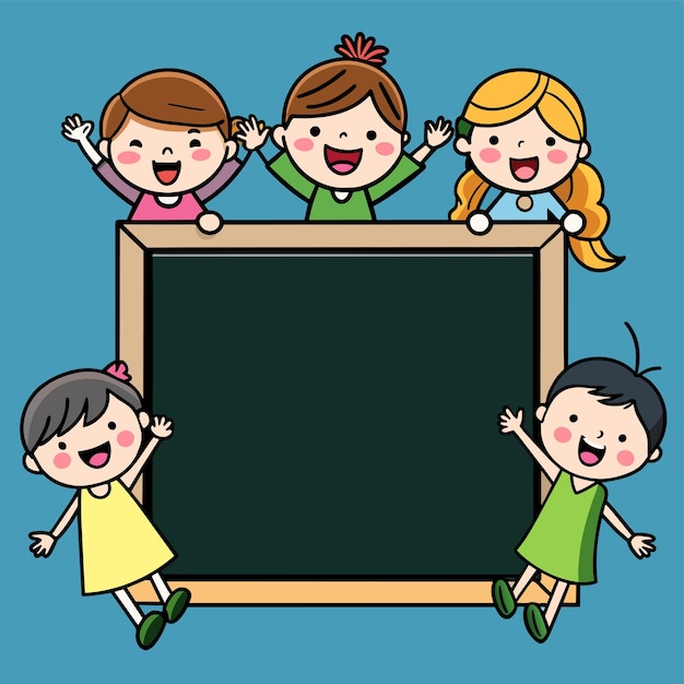 Empty blackboard with many kids doodle hand drawn mascot cartoon character sticker icon concept