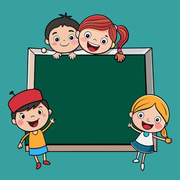 Empty blackboard with many kids doodle hand drawn mascot cartoon character sticker icon concept