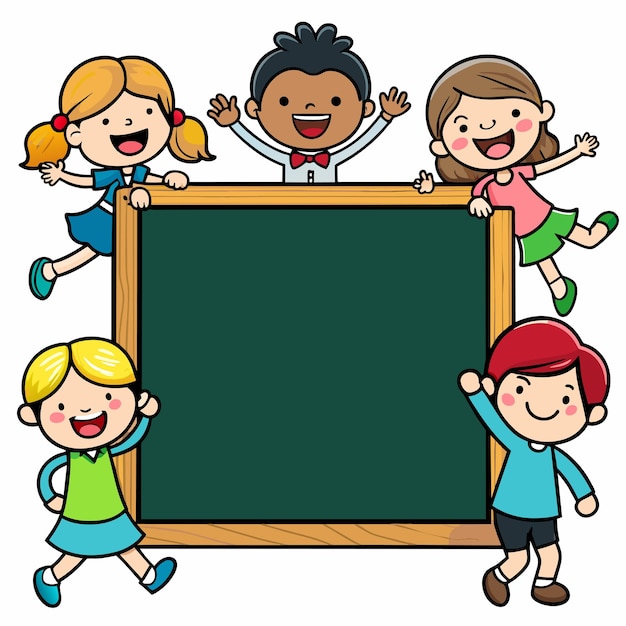 Empty blackboard with many kids doodle hand drawn mascot cartoon character sticker icon concept