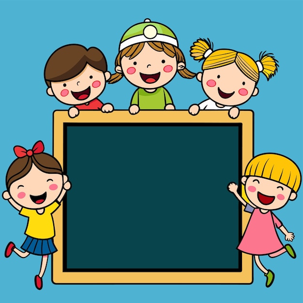 Empty blackboard with many kids doodle hand drawn mascot cartoon character sticker icon concept