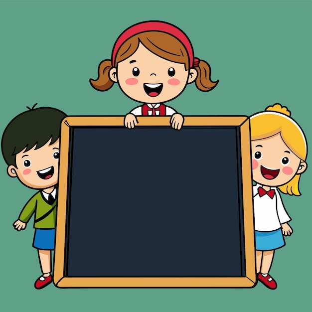 赤い黒板に子供たちが手描きのマスコットアニメのキャラクターステッカーアイコンコンセプトを描いています