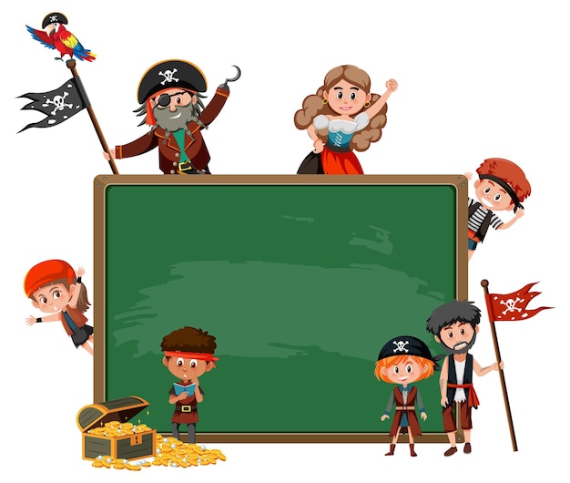 Empty blackboard with many pirate kids cartoon character