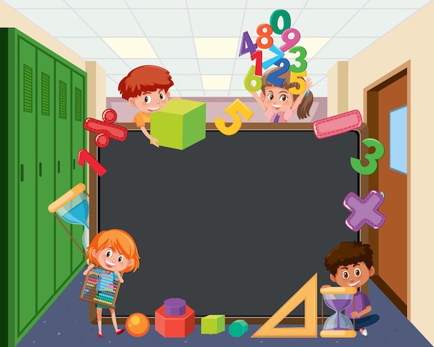 Vector empty blackboard with school kids and math objects