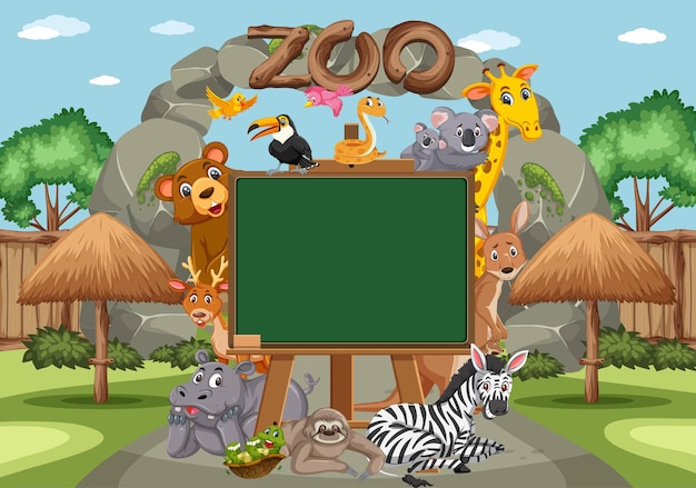 動物園のさまざまな野生動物と空の黒板