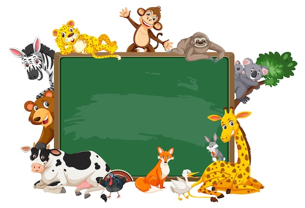 Vector empty blackboard with various wild animals