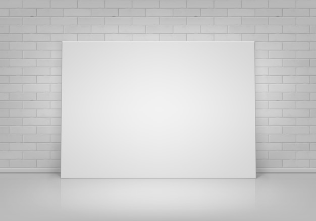 Вектор Пустой пустой белый макет плаката фоторамка, стоящая на полу с кирпичной стеной, вид спереди