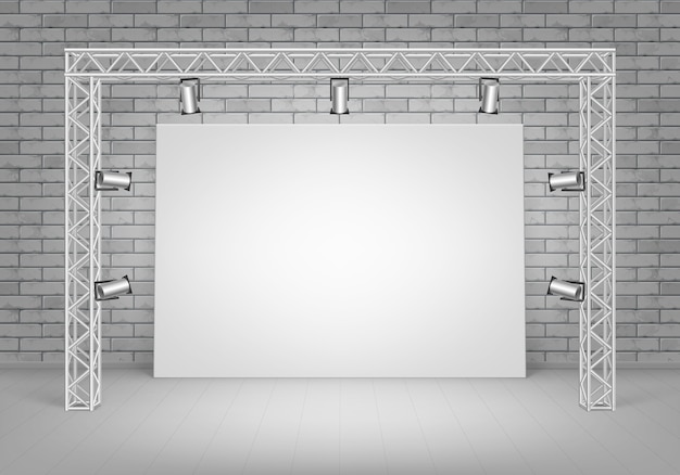 Vector empty blank white mock up poster picture standing on floor with gray brick wall and spotlights illumination front view