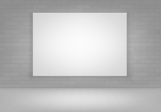 床の正面図でレンガの壁に空の空白の白いポスター額縁