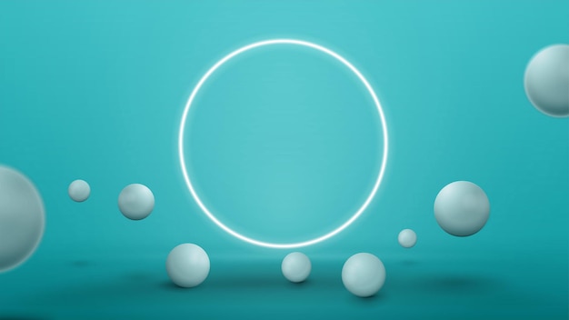 Empty blue abstract scene with realistic bouncing spheres and neon ring