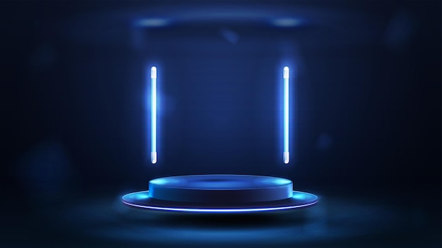 Vector empty blue podium floating in the air with blue flying line lamps around 3d realistic vector illustration