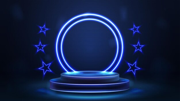 Empty blue podium of winners with blue neon rings and neon stars