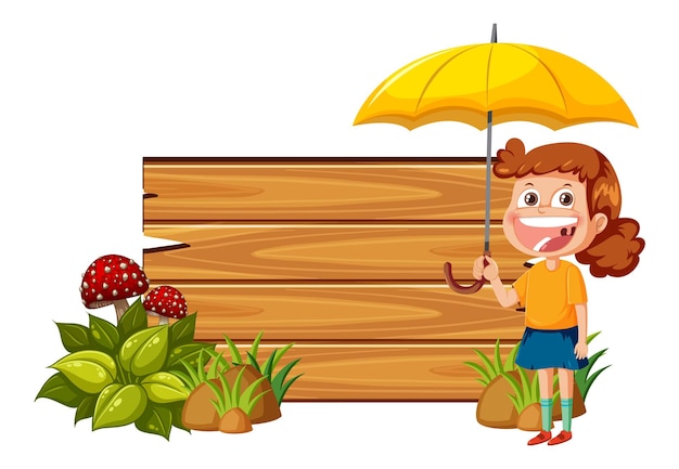 Empty board with cartoon girl holding umbrella