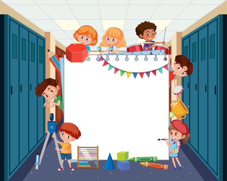 Vector empty board with student kids doing different activities