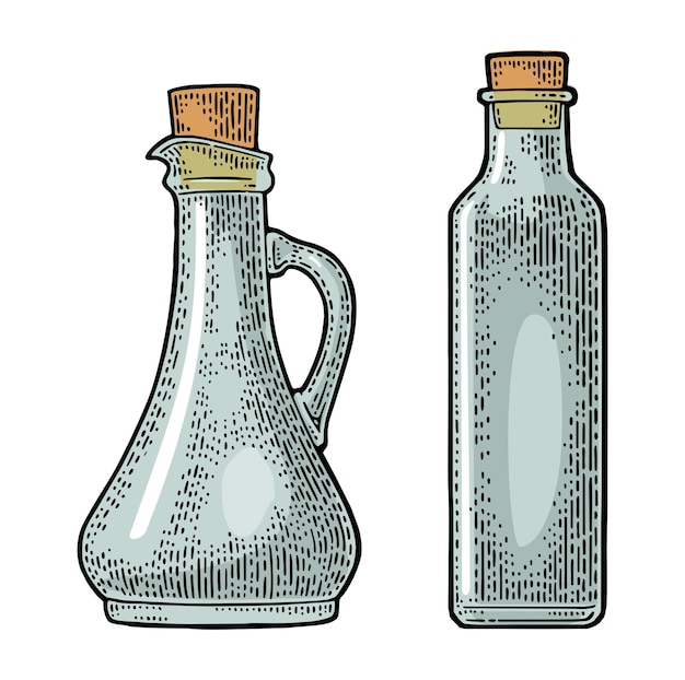 Vector empty bottle glass for oil with cork stopper vector engraving