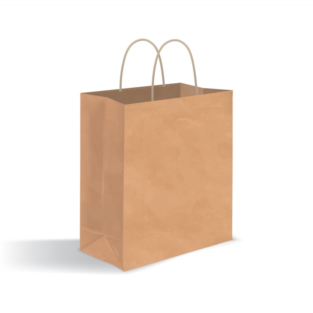 Vector empty brown paper bag with handles. realistic kraft package with shadows isolated on white background. design template.