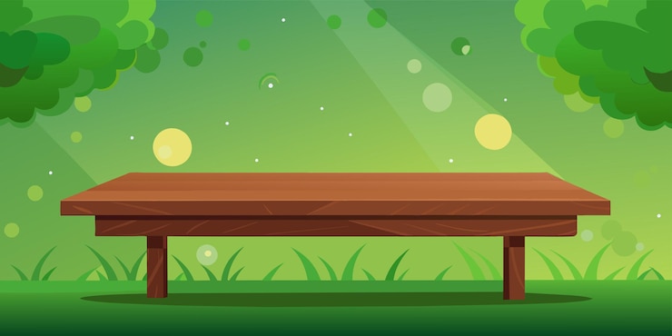 Vector empty brown wood table top with blur light decoration on green tree bokeh background