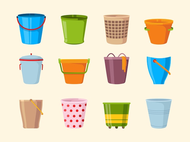 Empty bucket. Metal plastic and wooden buckets collection containers for garbage vector collection. Container or basket for garbage, metal bucket illustration