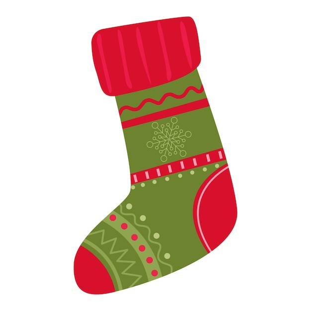 Empty christmas sock stocking isolated on white Decorative red sock with white fur and patches Vector illustration