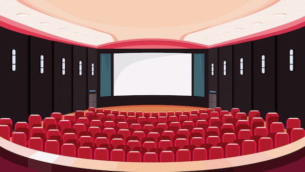 empty cinema hall. movie theatre with white screen.
