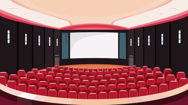 Vector empty cinema hall. movie theatre with white screen.