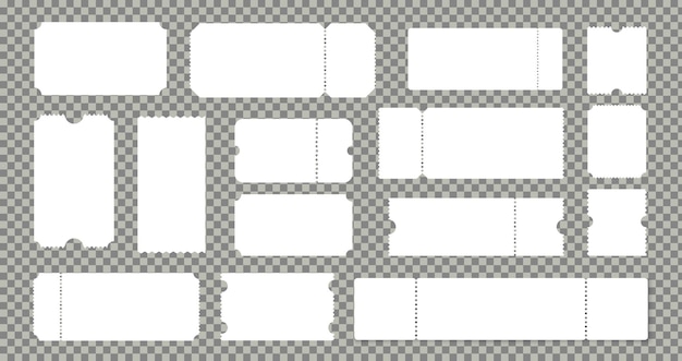 빈 영화관이나 극장 티켓 세트. 빈 복권 판지 또는 종이 쿠폰. 투명 한 배경 모형 컬렉션에 고립 된 골이 있는 빈티지 템플릿 벡터
