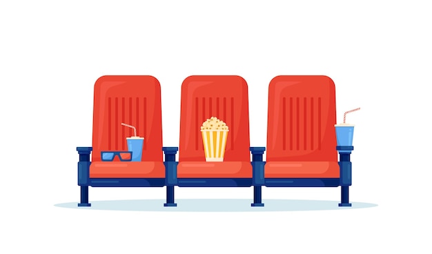 Vector empty cinema seats red comfortable armchairs for watching film popcorn and drinks glasses for movies auditorium and seat in movie theater