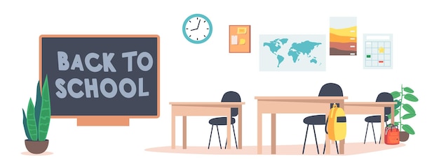 空の教室のインテリア、教師のテーブル、学校に戻る碑文のある黒板、壁に掛かっている時計と地図、勉強のための部屋の植物。漫画のベクトル図