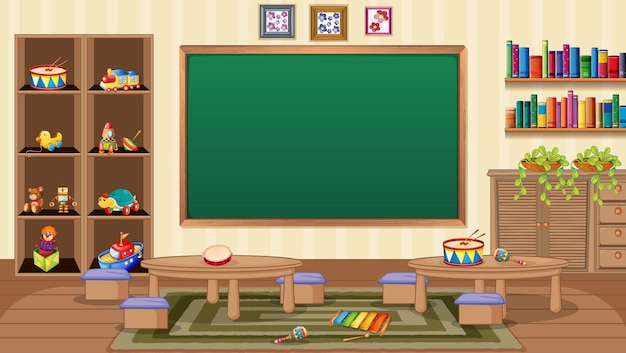 Empty classroom scene with interior decoration and objects