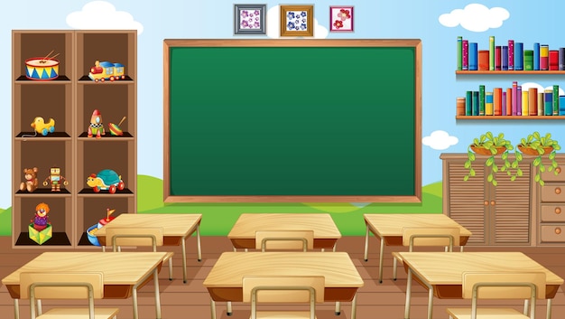 Empty classroom scene with interior decoration and objects