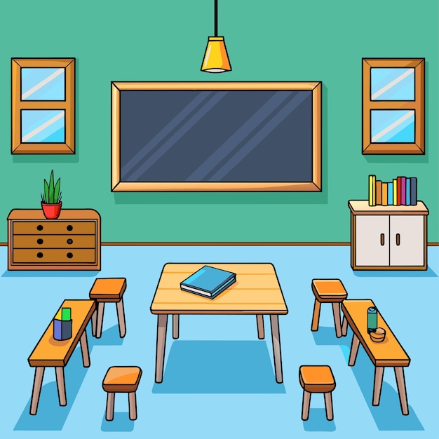 A empty classroom with easel chalkboard hang on the wall