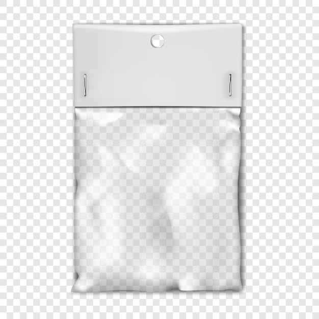 Вектор Пустой прозрачный пластиковый мешок с белой пустой бумажной поверхностью и висячим векторным макетом отверстия