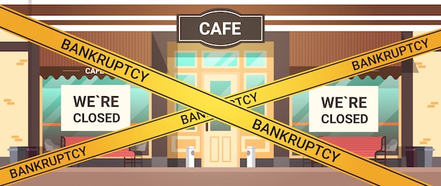 黄色の破産閉鎖テープコロナウイルスパンデミック検疫と空の閉じたバー