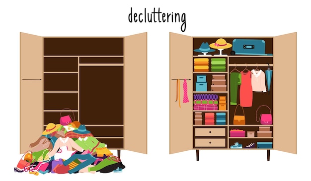 An empty closet and a pile of clothes and a closet with clothes neatly laid out on the shelves mess and order in wardrobe before and after cleaning sorting things cluttering vector illustration