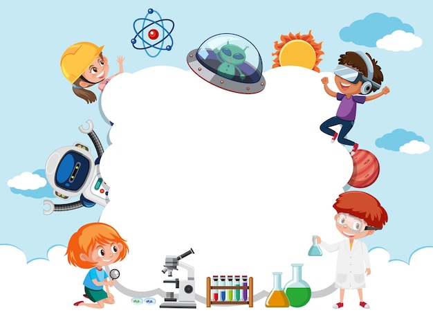 Vector empty cloud banner with kids in technology theme