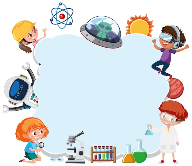 Vector empty cloud banner with kids in technology theme