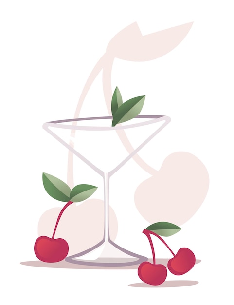 Empty cocktail glass with cherry berry and green leaves flat vector illustration on white background